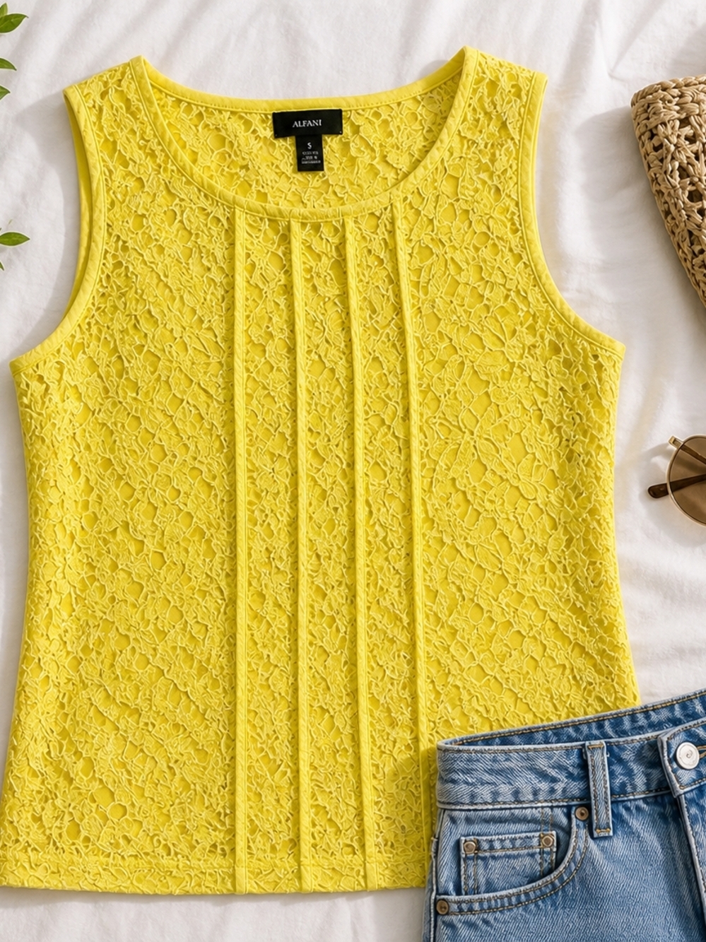 Alfani Yellow Lace Pintuck Sleeveless Top NWT